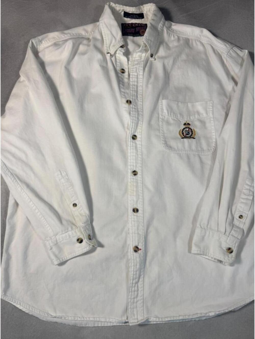Vintage 90s Ivy Crew White Button Down Shirt Embroidered Crest Large